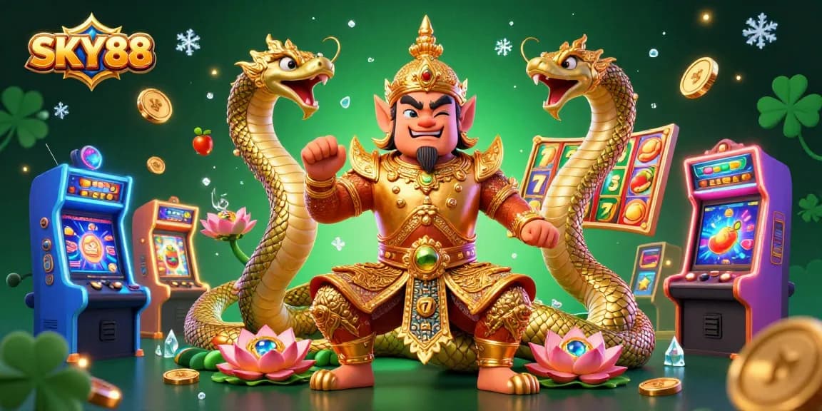 Join the exciting gaming action at SKY88 with vibrant slot machines and a mystical guardian duo.