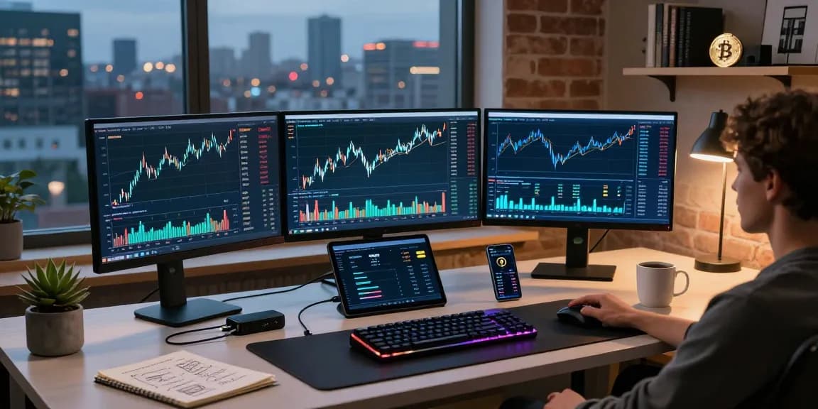 Récupération de l'escroquerie NFT dans un bureau crypto avec des écrans montrant des graphiques de crypto-monnaies et des analyses de portefeuille, environnement futuriste