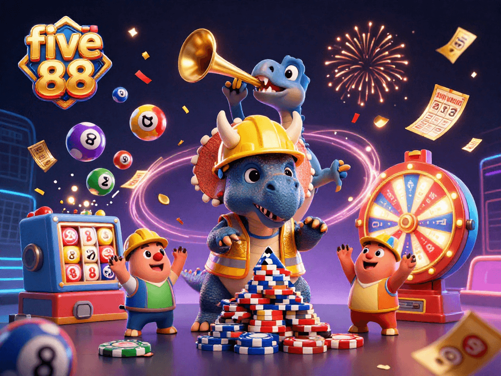 Win big with five 88: Celebrate dynamic gaming with vibrant lottery elements and cheerful characters.
