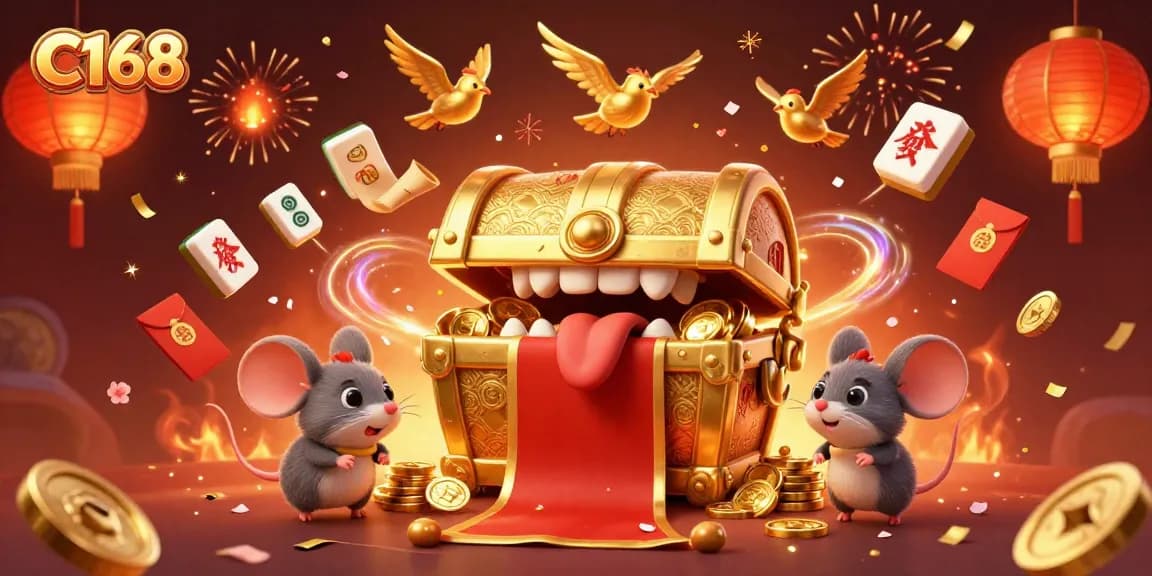 C168 offers immersive gaming with a 3D illustration of vibrant casino elements and lucky treasures.