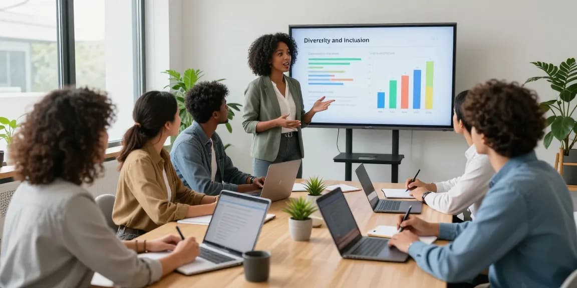 Diverse professionals in een moderne kantooromgeving bespreken diversiteit en inclusie.