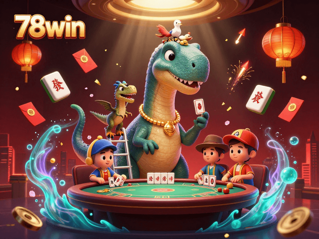Engage with 78win's vibrant casino gaming scene featuring a cartoon brontosaurus and raptor in action.