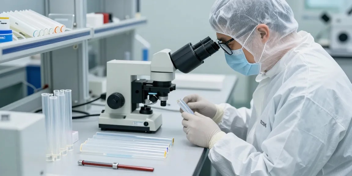 Technicus inspecteert FEP slangen in een cleanroom omgeving met laboratorium apparatuur op de achtergrond.