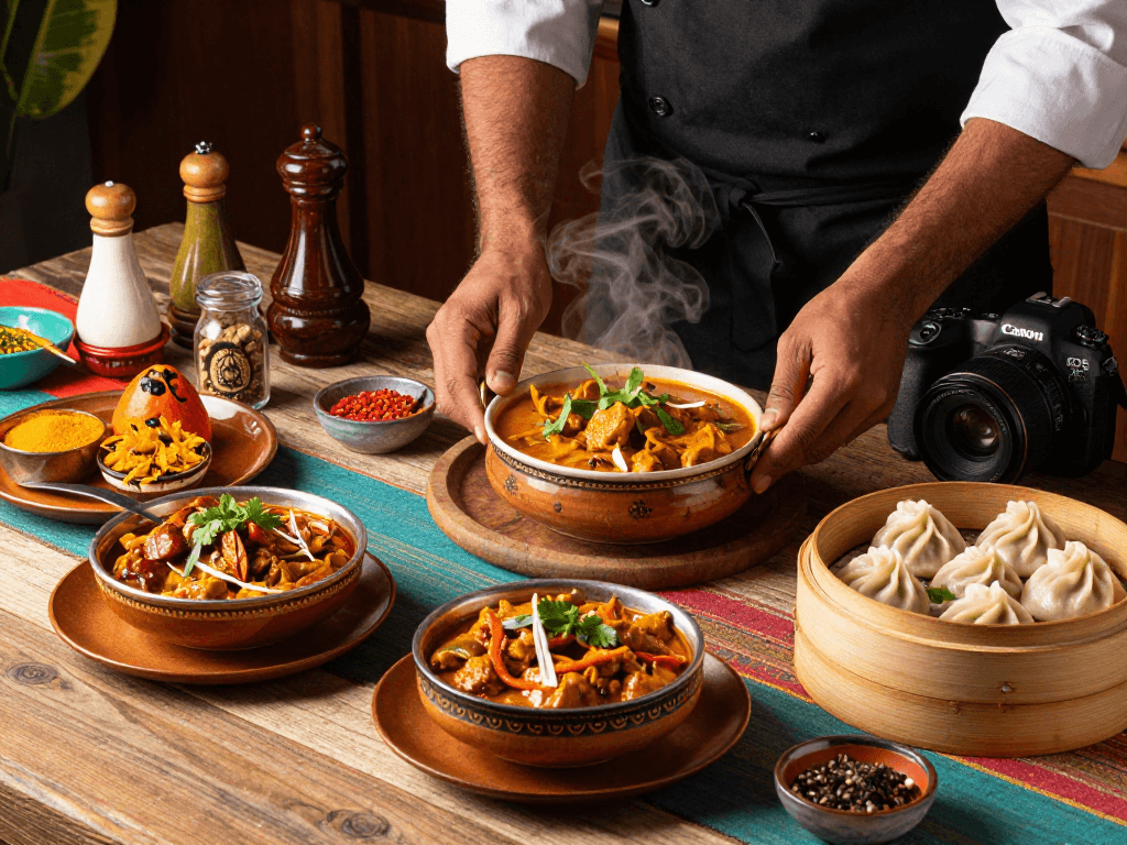Delicious authentic curry and momo at ROKOK88 restaurant, showcasing vibrant flavors.