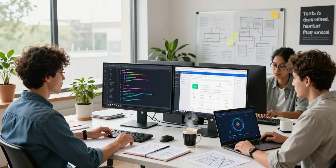 Build internal tools with AI in a modern software development workspace featuring collaborative team dynamics and innovative tech.