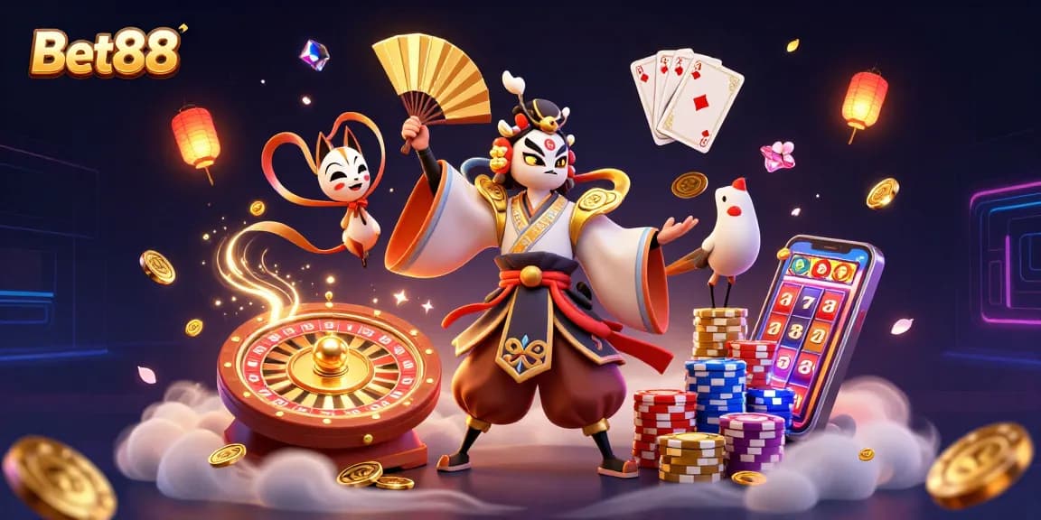Engage with Bet88's dynamic gaming experience through vibrant 3D casino illustration showcasing action and excitement.