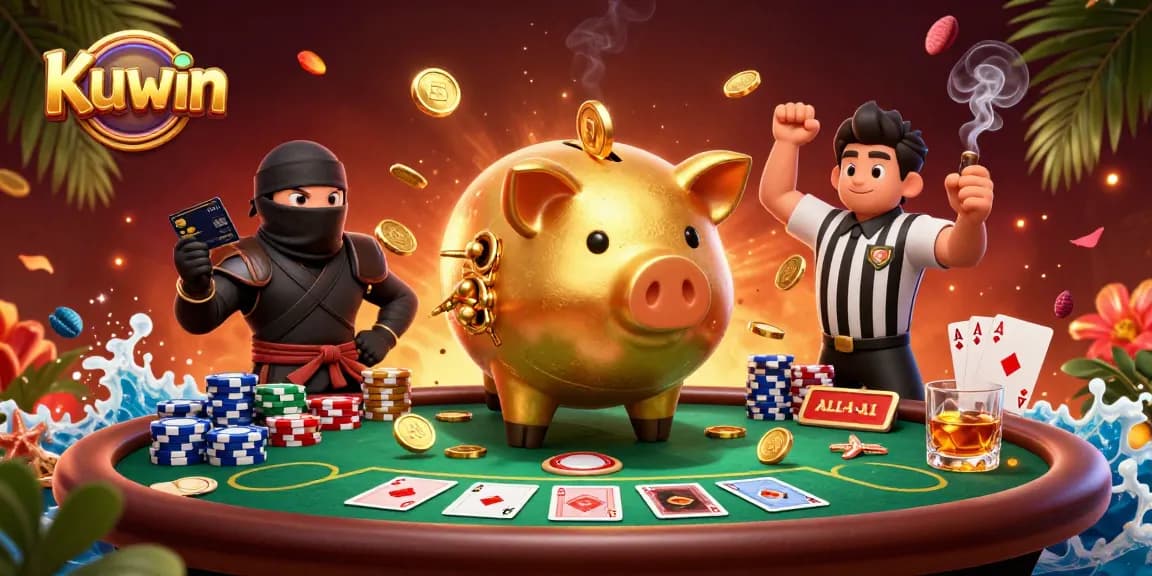 Kuwin's exciting casino illustration featuring a golden piggy bank wrestler and poker elements amidst dynamic gameplay.
