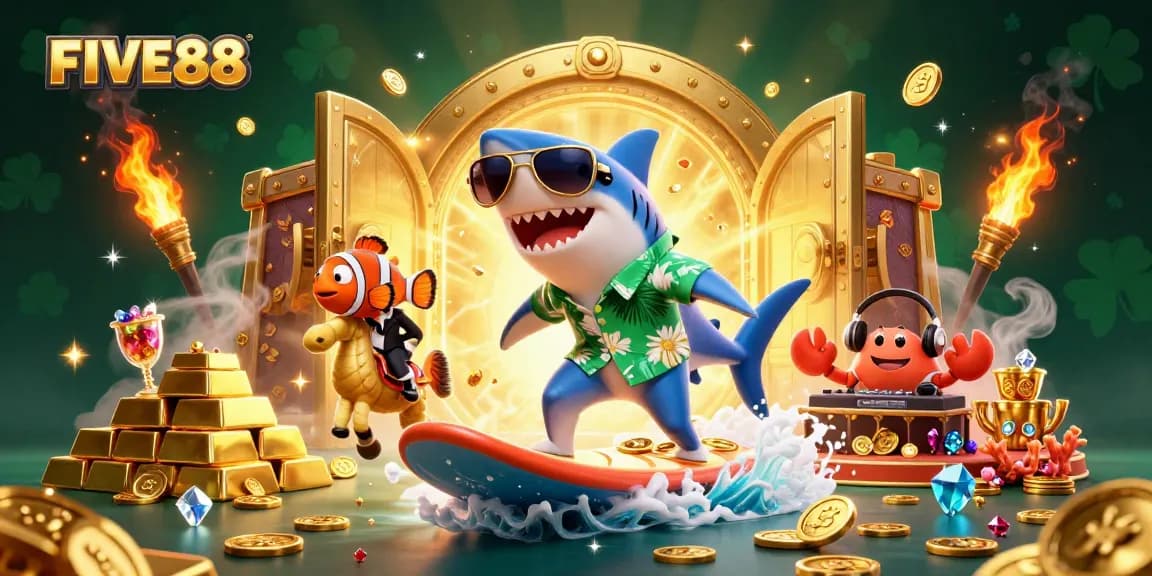 Catch the excitement at FIVE88 with a vibrant scene of a shark, clownfish, and DJ crab in a colorful casino adventure.