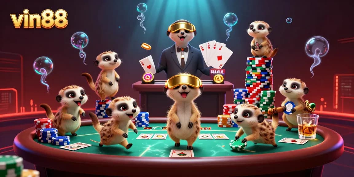 Experience Vin88's exciting casino action with meerkats in a vibrant gambling scene.