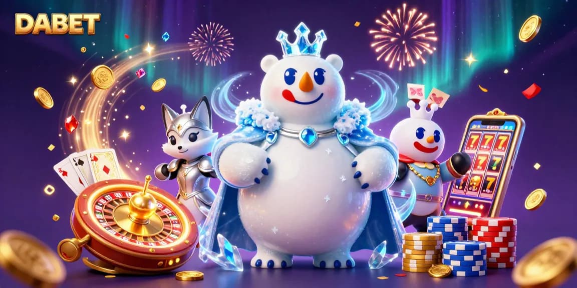 DABET engages players with vibrant casino energy, featuring a polar bear and snow fox, surrounded by dynamic gaming elements.