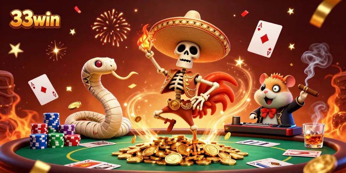 33win victory scene with a cartoon skeleton mariachi rooster, mummy snake, and zombie hamster DJ.