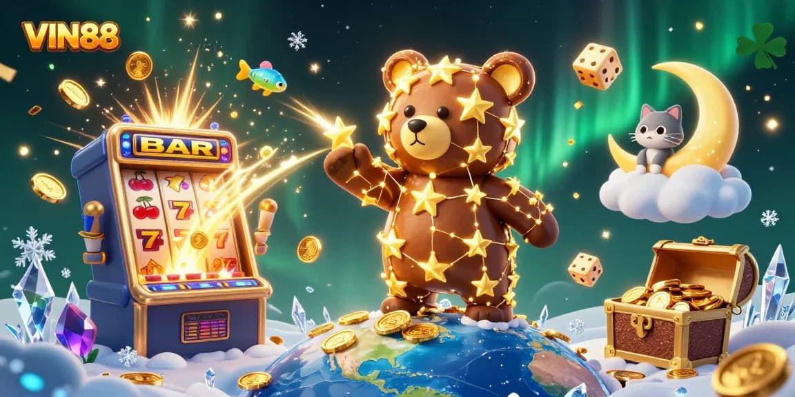 Experience the excitement of VIN88 with a vibrant jackpot explosion in a 3D casino scene.