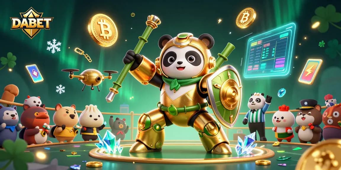 Engage with DABET's dynamic casino action in a vibrant 3D arena featuring golden panda pilots.