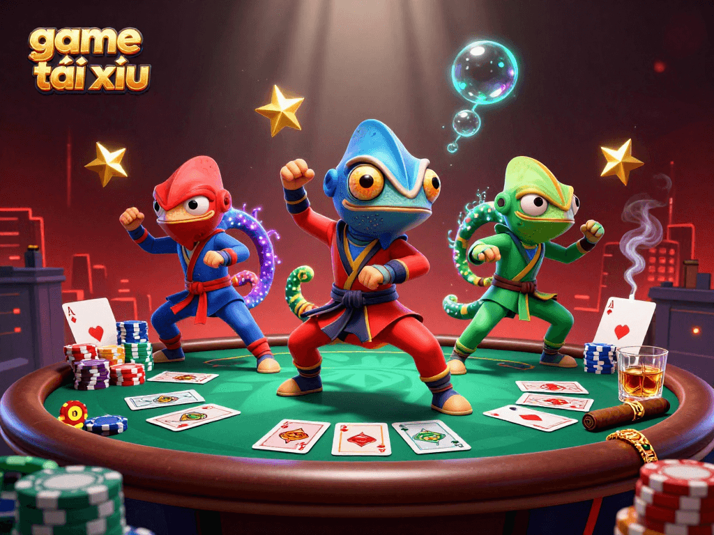Engage in thrilling game tài xỉu action with ninja chameleons amid vibrant casino elements.