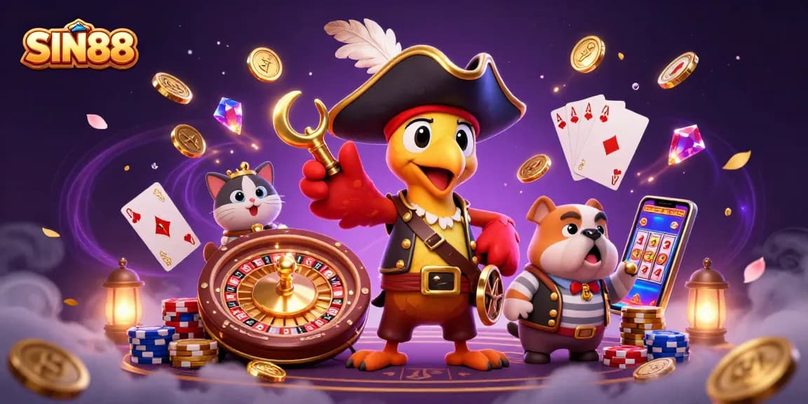 SIN88 enhances the gaming experience with captivating visuals of a cartoon pirate scene complete with vibrant casino elements.