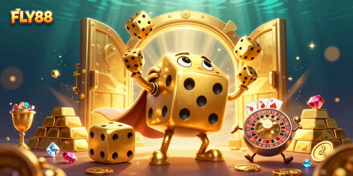 FLY88 showcases dynamic casino magic with whimsical golden dice in a sparkling treasure scene.