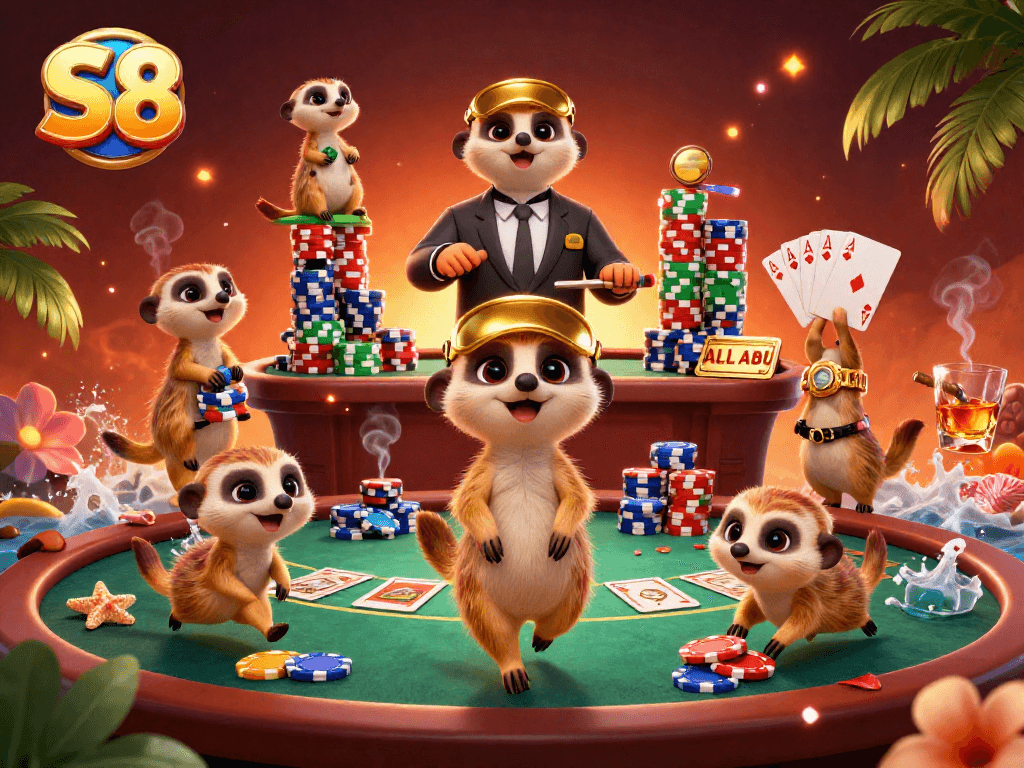 S8 meerkats oversee an exciting casino scene filled with poker action and vibrant energy.