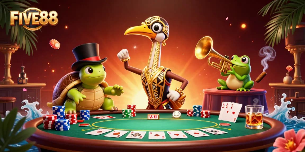 Engage in thrilling gameplay at FIVE88 with vibrant characters and poker action featuring colorful poker chips.