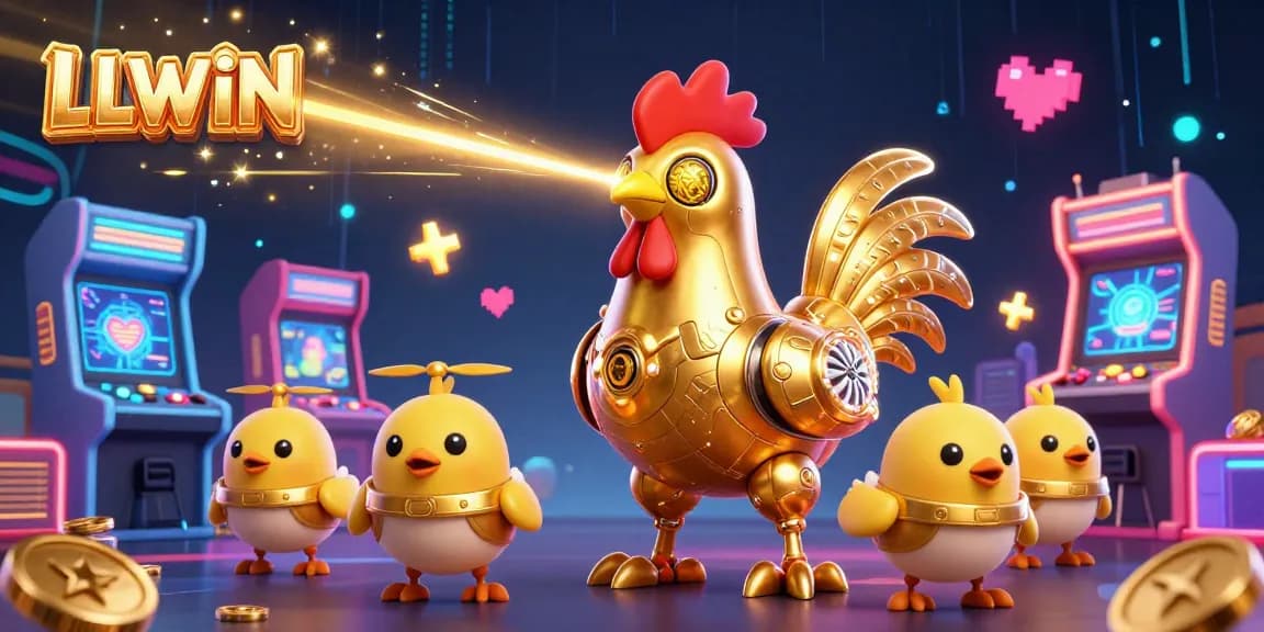 Experience thrilling gaming with LLWIN's vibrant casino robots and arcade elements in a colorful digital illustration.