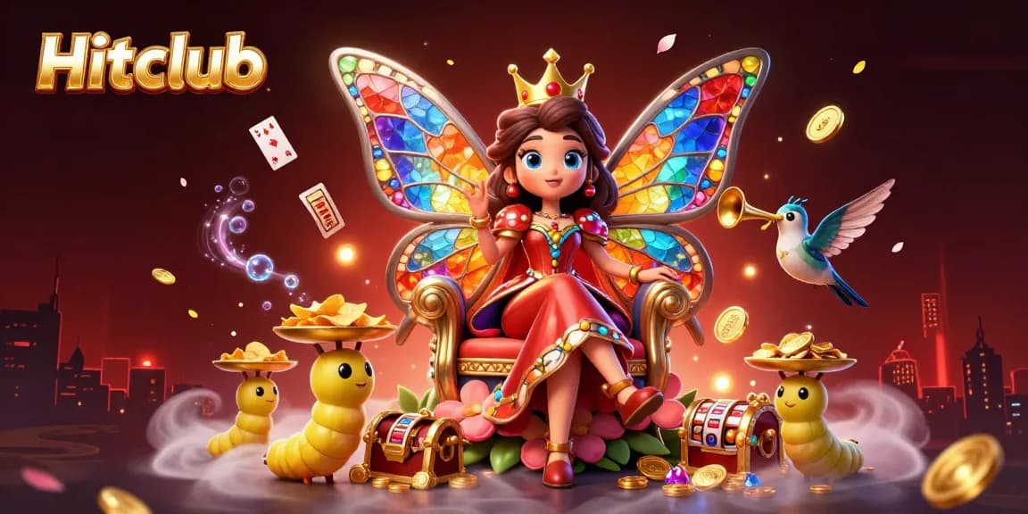 Engage in thrilling gameplay at Hitclub with a vibrant 3D illustration showcasing a dazzling butterfly queen and casino elements.