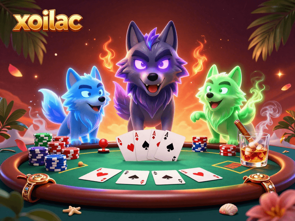 Engage with xoilac's thrilling poker atmosphere featuring ghostly wolves and vibrant gambling elements.
