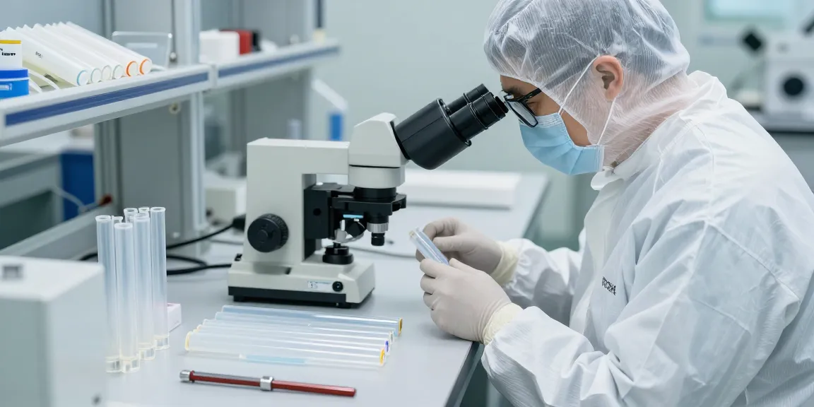 Technicus inspecteert FEP slangen in een cleanroom omgeving met laboratorium apparatuur op de achtergrond.