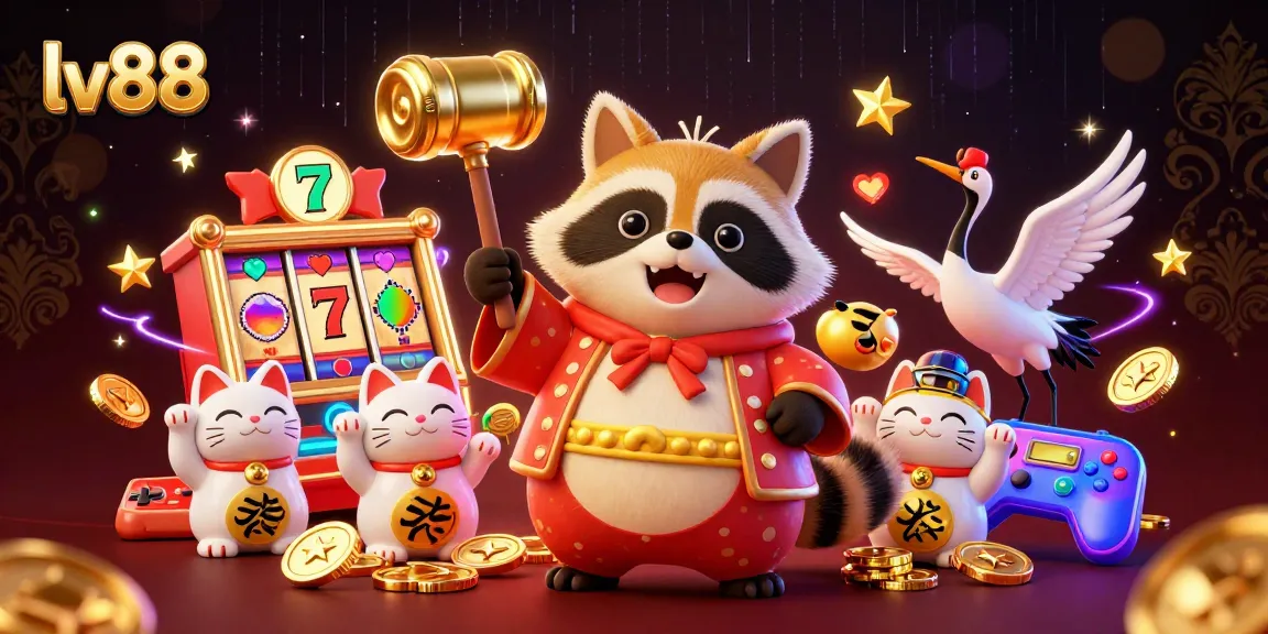 Experience the vibrant lv88 online casino with a cheerful tanuki and colorful gaming elements.