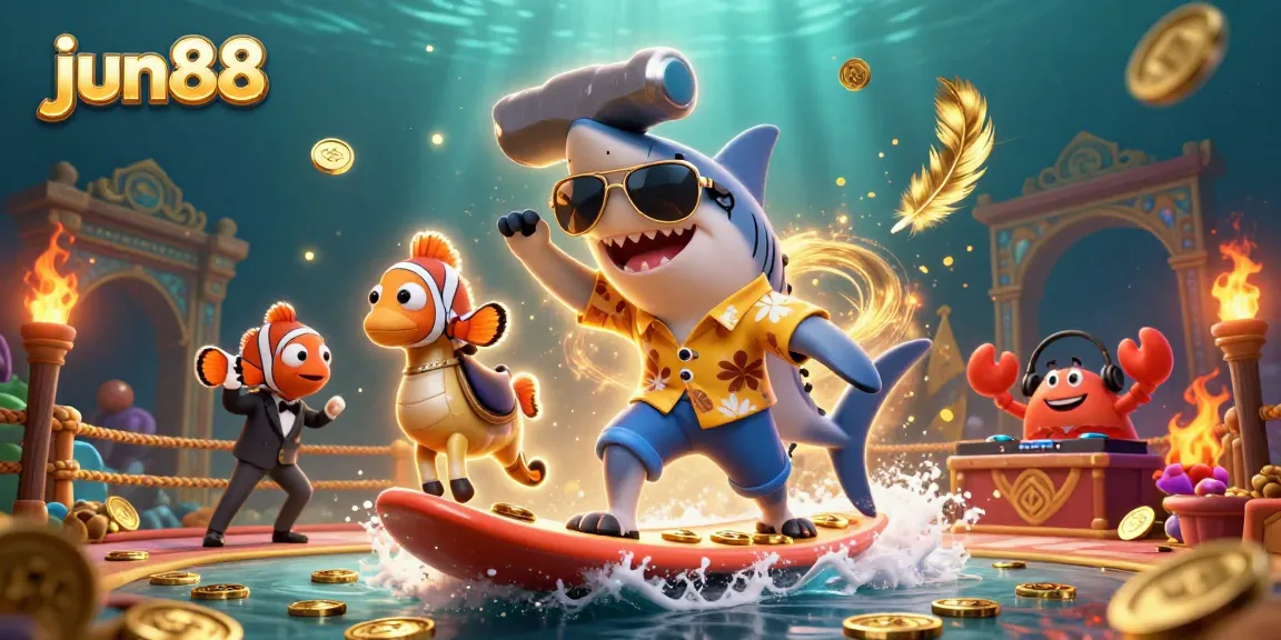 Engage with the thrill of jun88 as a shark surfs gold coins with vibrant casino elements.