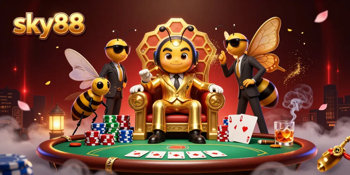 Engage with exciting poker strategies at sky88, featuring a vivid 3D scene of a bumblebee mob boss.