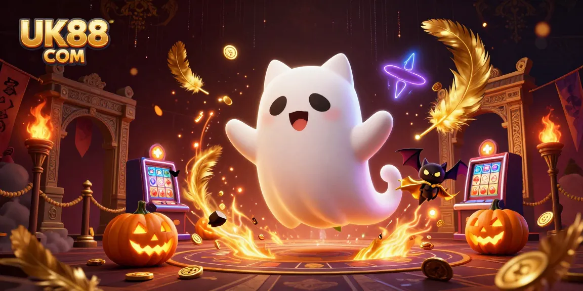 Experience thrilling wins at UK88 COM with a ghost cat and vampire bat in a vibrant casino setting.