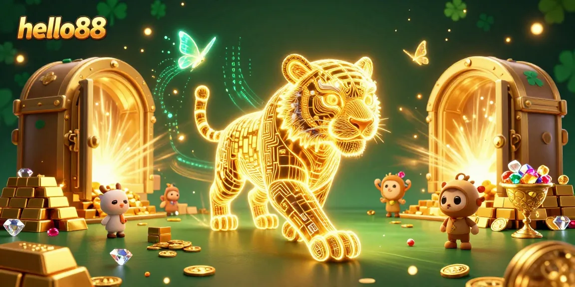 Experience thrilling jackpots with hello88's vibrant casino scene featuring dazzling treasures and a golden tiger.