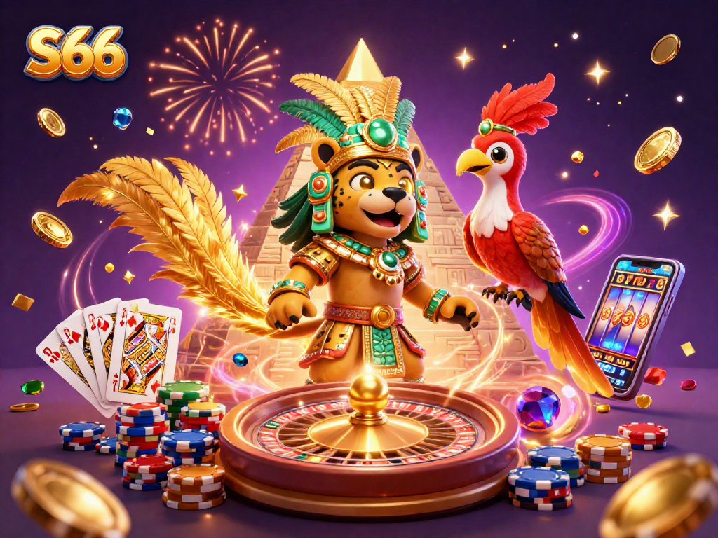 S66 spins the roulette with a Mayan priest and a quetzal bird amidst a rich casino scene