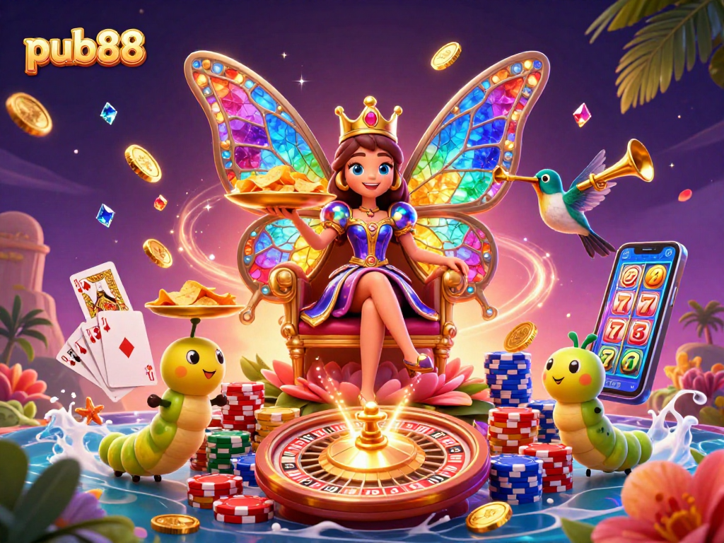 Experience thrilling gameplay at pub88 with our vibrant casino scene featuring a butterfly queen.