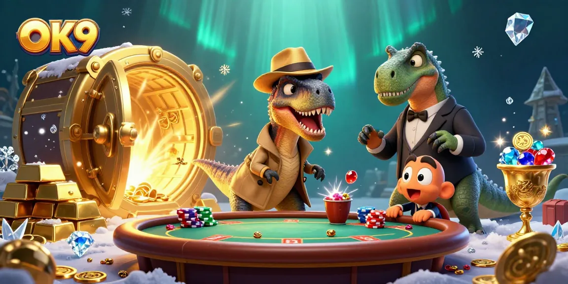 Engage with OK9 at a vibrant blackjack table as a velociraptor tries to count cards, with treasures galore.