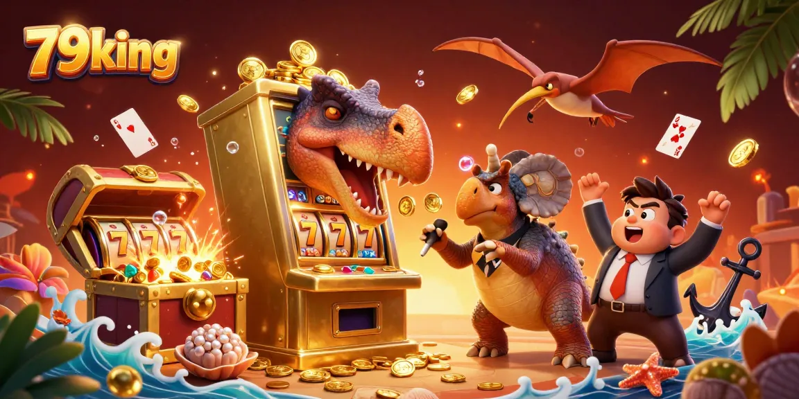 79king celebrates jackpot wins with a vibrant casino scene featuring unique dinosaur characters.