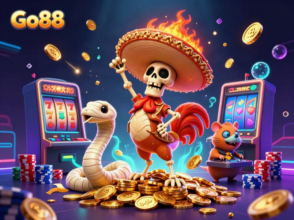 Experience the excitement of Go88 with a vibrant 3D casino scene showing a dancing rooster and fortune-themed elements.