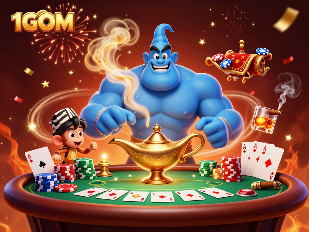 Engage in thrilling poker action at 1GOM with a dynamic scene featuring a genie, monkey, and vibrant casino elements.