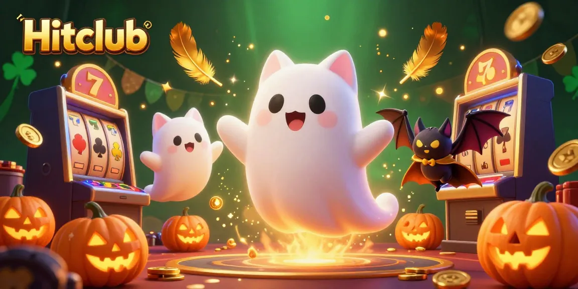 Engage in thrilling gameplay at Hitclub with a friendly ghost cat and vibrant casino elements illuminating the scene.
