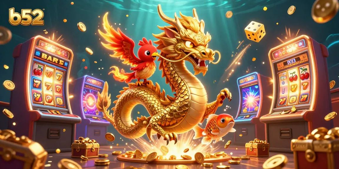 Experience the thrilling world of b52 casino action with a golden dragon and koi fish amidst jackpot riches.