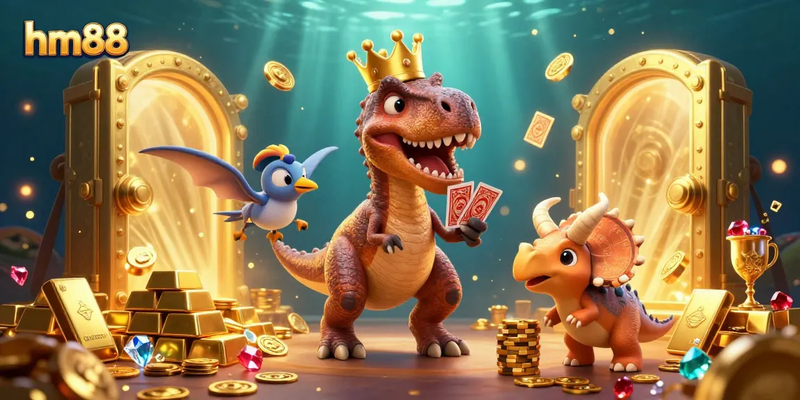 Experience immersive gambling fun with hm88 as T-Rex and friends shuffle cards and stack chips in a vibrant casino.