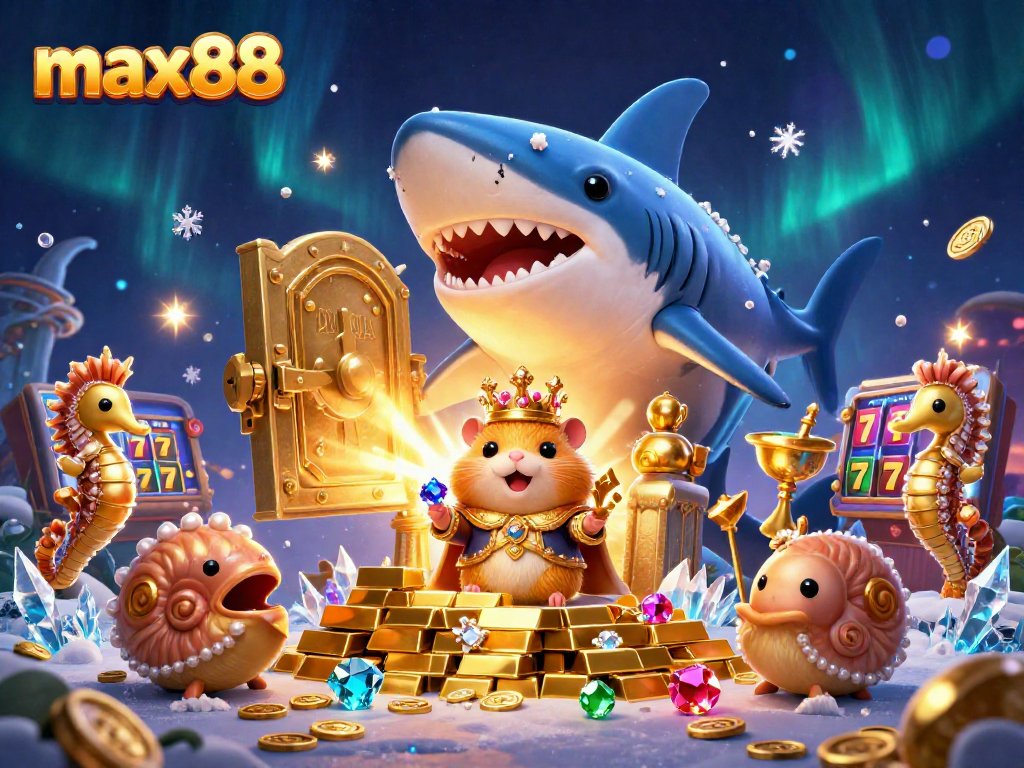 Experience max88’s thrilling slots as the golden hamster king reigns over treasures in an animated scene.