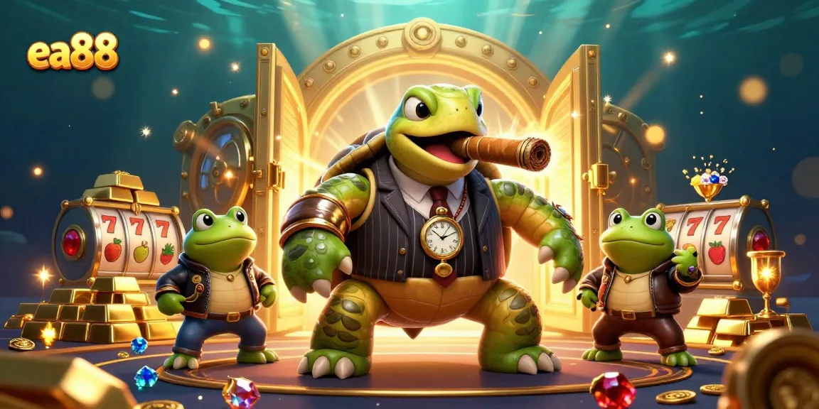 ea88's vibrant casino world showcases a snapping turtle mobster amidst gold treasures and slots.