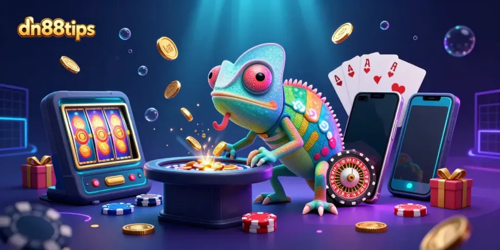 Engage in thrilling casino experiences with dn88tips, featuring a colorful chameleon owner and dynamic gaming elements.