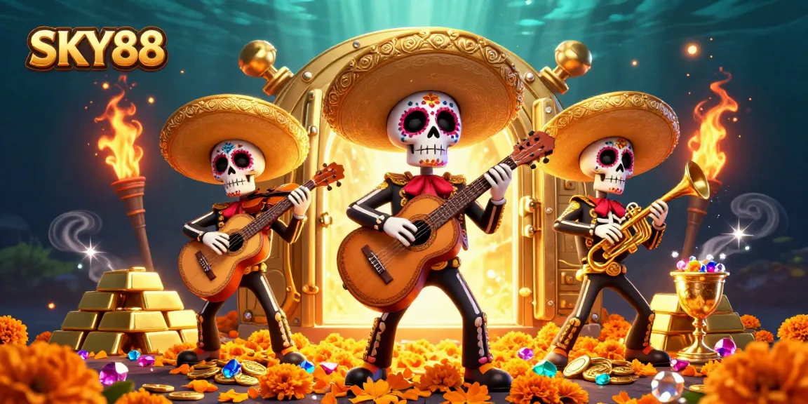 Experience the thrill of SKY88 with a vibrant, colorful mariachi scene full of casino treasures!