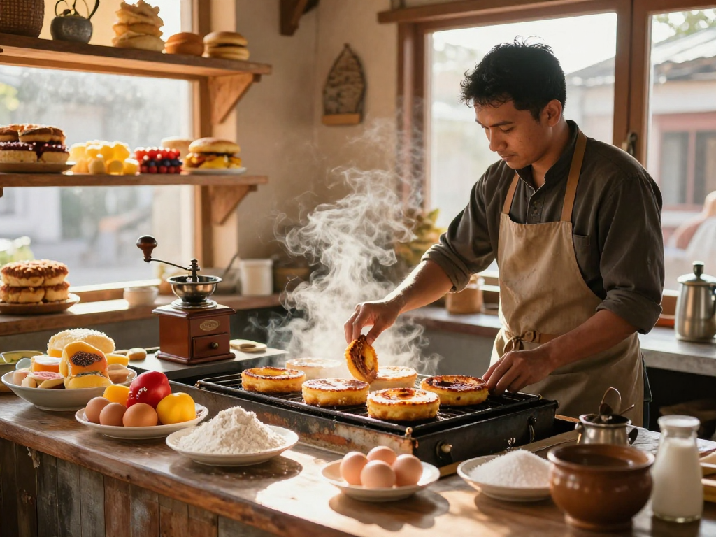 Delicious bolu bakar from rokok88 being prepared by a baker in a sunlit kitchen, highlighting fresh ingredients and warm atmosphere.
