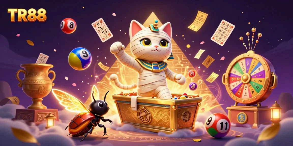Engage with TR88's vibrant gambling world featuring a mummy cat, scarab, and dynamic lottery elements.