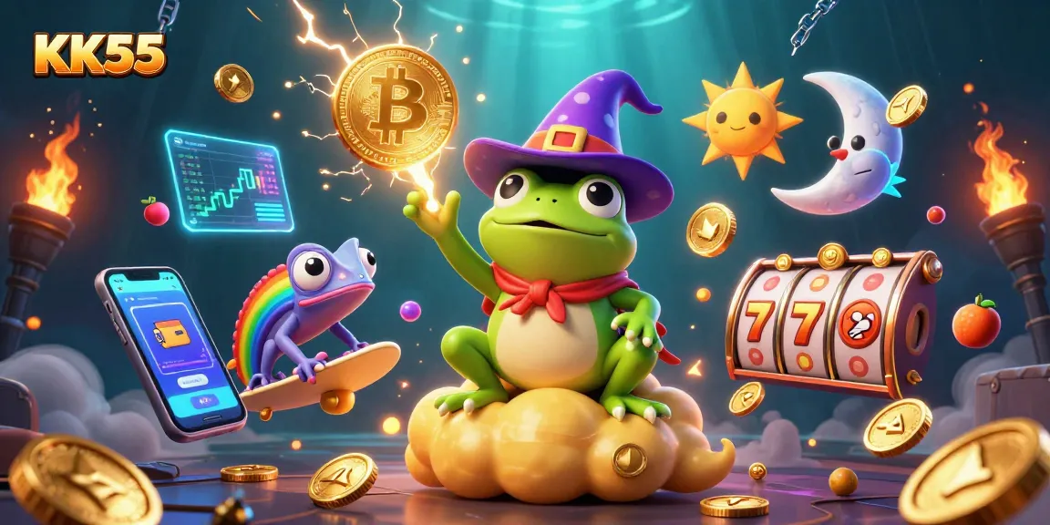 Engage with KK55's vibrant gaming experience featuring golden coins, a stormy wizard frog, and exciting slot elements.