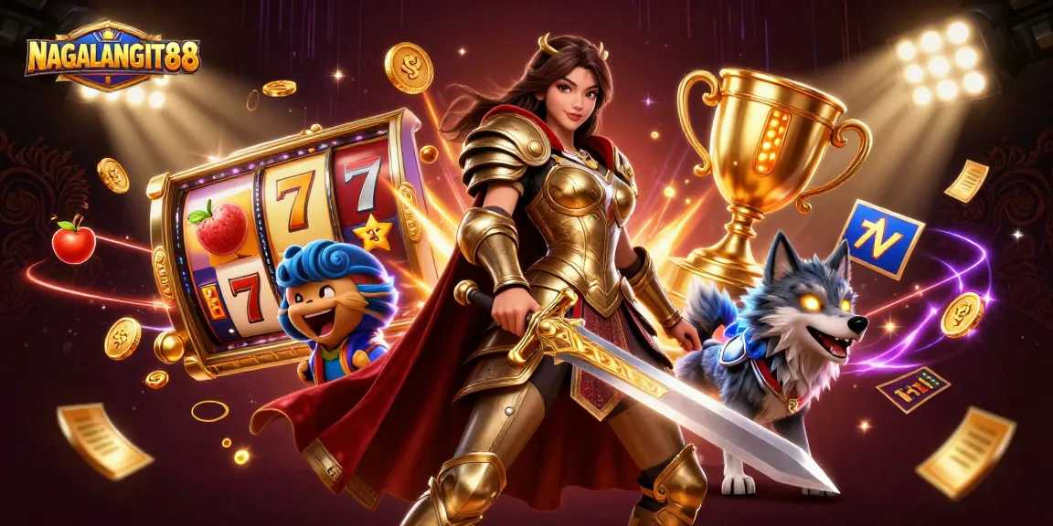 NAGALANGIT88 showcasing an exciting slot game scene with dynamic golden coins and jackpot symbols.
