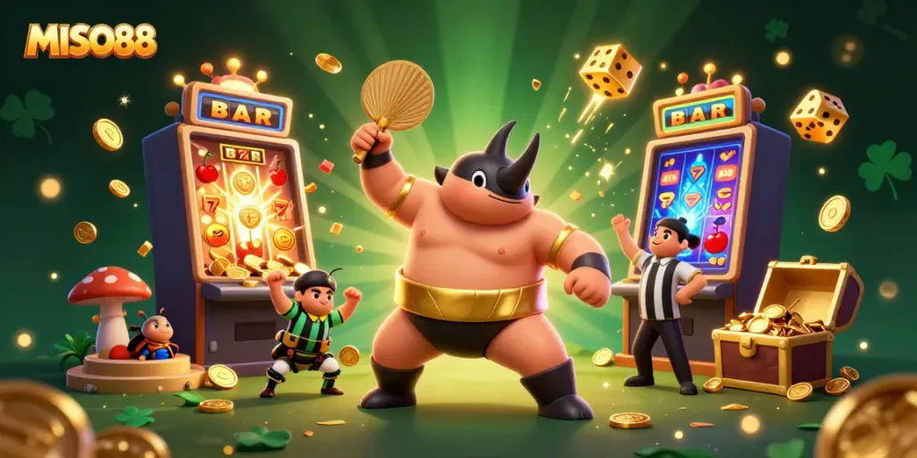 MISO88's exciting gaming scene with a rhinoceros beetle champion amidst a flurry of jackpot coins and colorful elements.