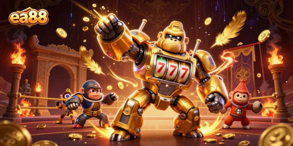 Experience the thrill of ea88 with a dynamic scene featuring a golden gorilla mech and vibrant casino elements.